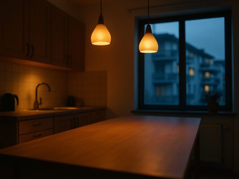 A quiet residential kitchen at dusk, seen from a low wide angle, with warm pendant lights glowing above a bare wooden counter and the last blue daylight coming through a window. A row of apartment balconies is visible outside, softly out of focus. Muted palette of warm amber against cool blue shadows, calm and domestic. Clean editorial photography with shallow depth of field.