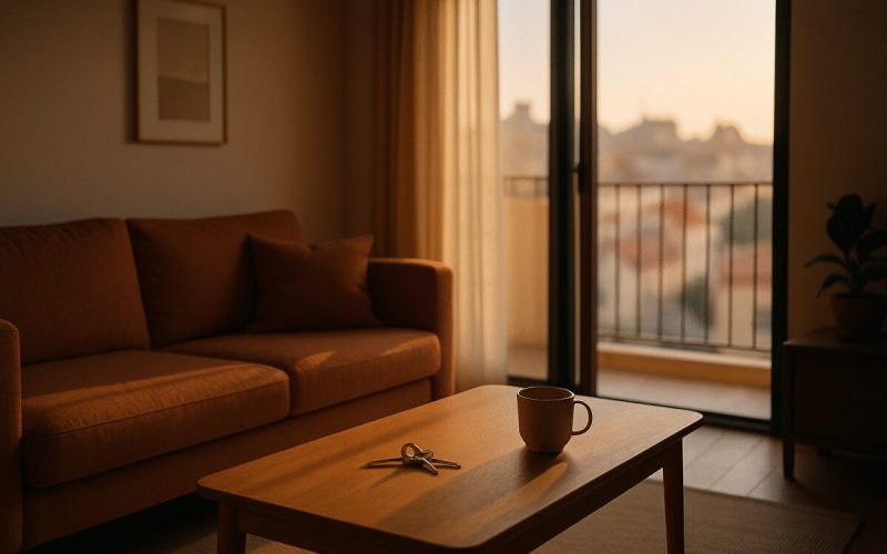 A quiet contemporary living room in an Israeli apartment at golden hour, warm light falling across a wooden table with a set of house keys and a coffee cup, a balcony door slightly open onto soft blurred city rooftops. Muted palette of warm beige, terracotta and deep blue shadows. Calm editorial interior photography, shallow depth of field, natural light.