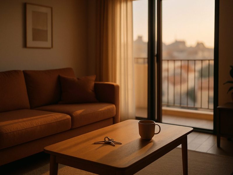 A quiet contemporary living room in an Israeli apartment at golden hour, warm light falling across a wooden table with a set of house keys and a coffee cup, a balcony door slightly open onto soft blurred city rooftops. Muted palette of warm beige, terracotta and deep blue shadows. Calm editorial interior photography, shallow depth of field, natural light.
