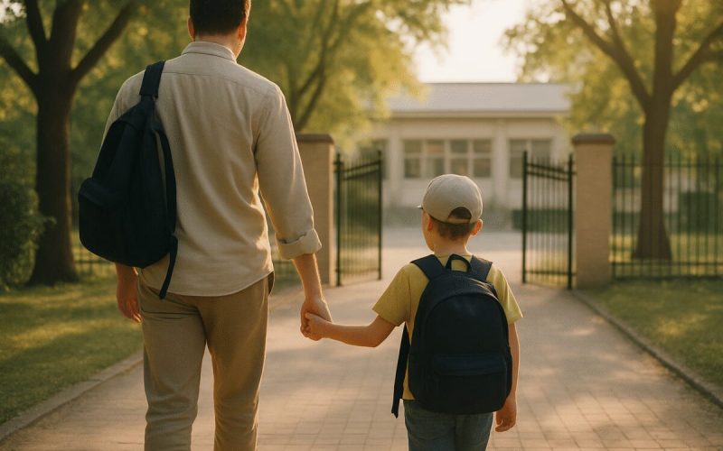 A warm early-morning scene at the entrance gate of a low-rise neighborhood school, a parent and a young child walking hand in hand toward it from behind, soft golden sunlight filtering through mature trees onto a paved path. Muted greens and warm sand tones, gentle shadows, calm and reassuring atmosphere. Clean editorial photography with shallow depth of field and a natural, unposed feel.