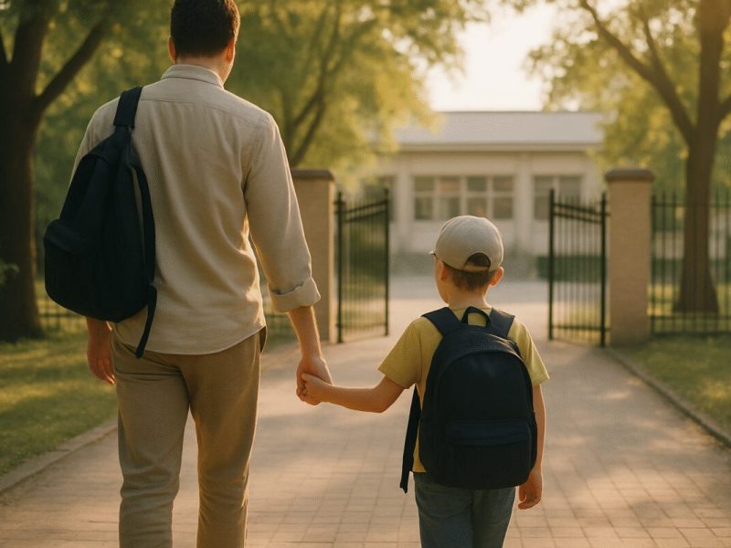 A warm early-morning scene at the entrance gate of a low-rise neighborhood school, a parent and a young child walking hand in hand toward it from behind, soft golden sunlight filtering through mature trees onto a paved path. Muted greens and warm sand tones, gentle shadows, calm and reassuring atmosphere. Clean editorial photography with shallow depth of field and a natural, unposed feel.