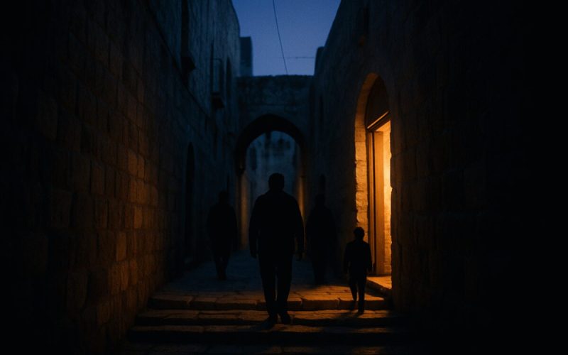 A narrow stone alley in an old Middle Eastern city just before dawn, warm lamplight spilling from an open doorway onto worn limestone steps, a few silhouetted figures walking toward the light. Deep indigo pre-sunrise sky above ancient stone walls, soft amber pools of light against cool blue shadows. Atmospheric documentary photography with shallow depth of field and gentle grain.
