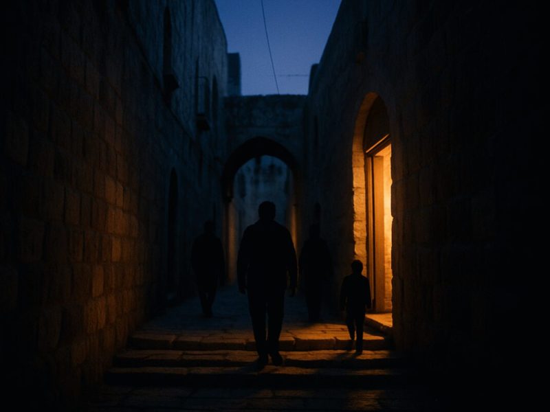 A narrow stone alley in an old Middle Eastern city just before dawn, warm lamplight spilling from an open doorway onto worn limestone steps, a few silhouetted figures walking toward the light. Deep indigo pre-sunrise sky above ancient stone walls, soft amber pools of light against cool blue shadows. Atmospheric documentary photography with shallow depth of field and gentle grain.