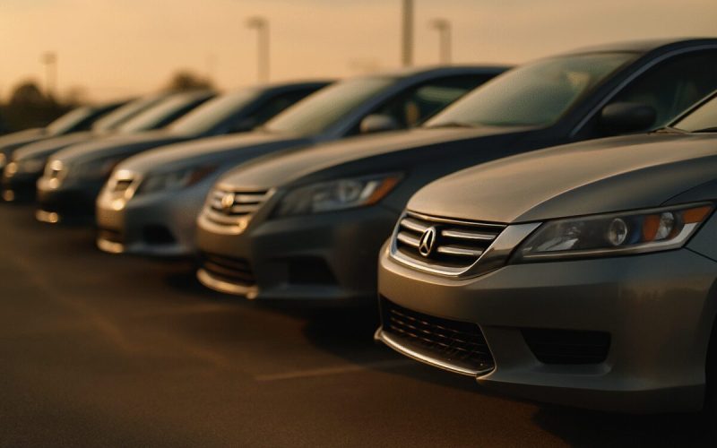 A row of used cars parked in a dealer lot at golden hour, shot from a low three quarter angle so the front bumpers and headlights recede into the distance. Warm late afternoon light rakes across the hoods, long shadows on grey asphalt, muted silver blue and charcoal body colors against a soft hazy sky. Clean editorial photography, shallow depth of field with the nearest car sharp and the rest gently blurred.