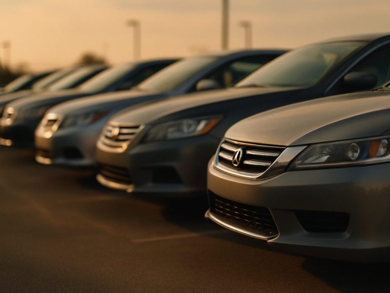 A row of used cars parked in a dealer lot at golden hour, shot from a low three quarter angle so the front bumpers and headlights recede into the distance. Warm late afternoon light rakes across the hoods, long shadows on grey asphalt, muted silver blue and charcoal body colors against a soft hazy sky. Clean editorial photography, shallow depth of field with the nearest car sharp and the rest gently blurred.