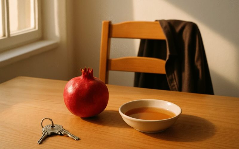 A quiet Israeli kitchen table in warm early autumn light, a pomegranate and a shallow bowl of honey beside a set of house keys and a folded jacket on the chair back. Soft window light from the side, warm amber and deep red tones against pale wood and white walls. Clean editorial photography, shallow depth of field, calm domestic mood.