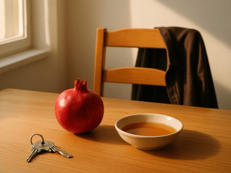 A quiet Israeli kitchen table in warm early autumn light, a pomegranate and a shallow bowl of honey beside a set of house keys and a folded jacket on the chair back. Soft window light from the side, warm amber and deep red tones against pale wood and white walls. Clean editorial photography, shallow depth of field, calm domestic mood.