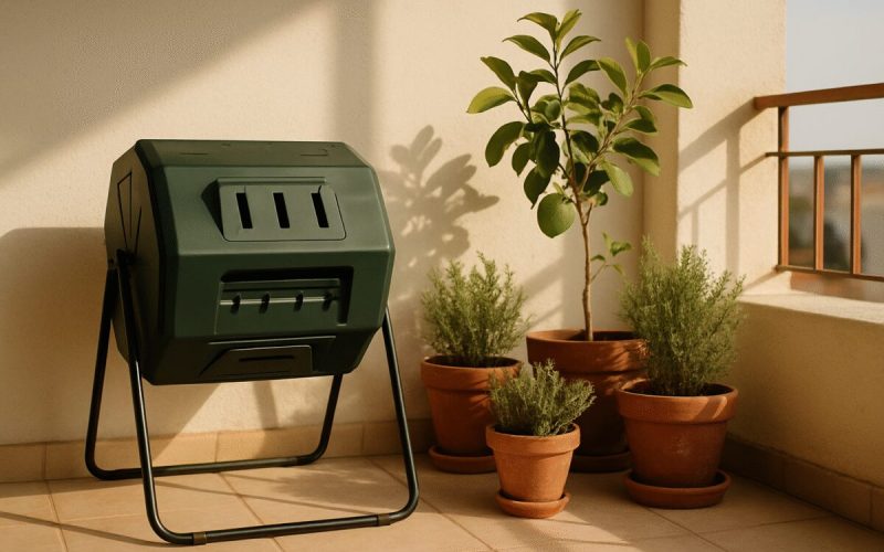 A sunlit Mediterranean apartment balcony in late afternoon, a dark green plastic tumbling compost bin on a low metal frame beside terracotta pots of herbs and a young lemon tree, pale stone tiles and a white plastered wall behind. Warm low-angle light, long soft shadows, an earthy palette of terracotta, olive green and sand. Clean editorial photography with shallow depth of field.
