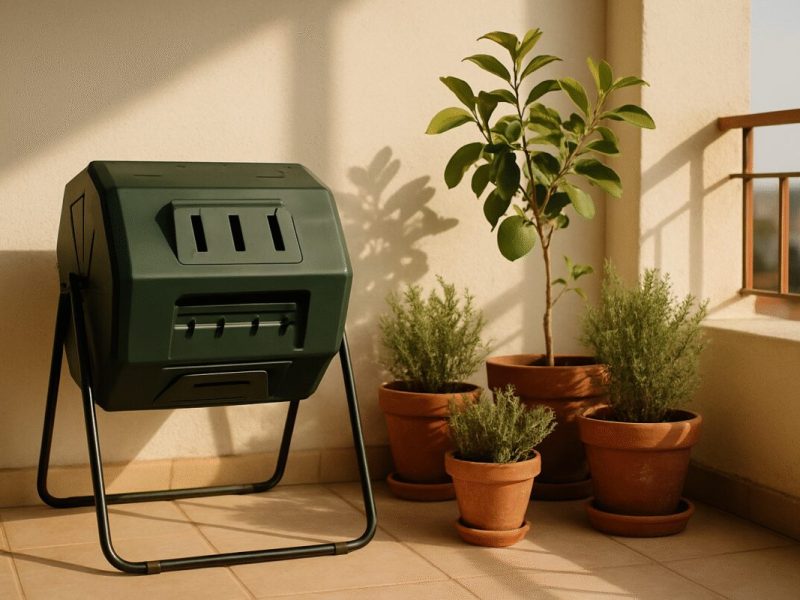 A sunlit Mediterranean apartment balcony in late afternoon, a dark green plastic tumbling compost bin on a low metal frame beside terracotta pots of herbs and a young lemon tree, pale stone tiles and a white plastered wall behind. Warm low-angle light, long soft shadows, an earthy palette of terracotta, olive green and sand. Clean editorial photography with shallow depth of field.