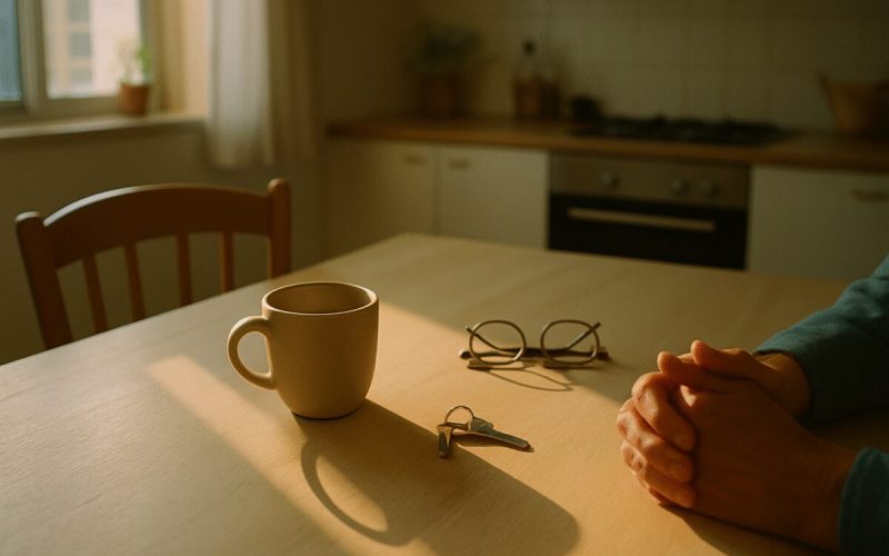 A quiet sunlit kitchen table in a Tel Aviv apartment on a weekday morning, a ceramic coffee cup beside a set of house keys, a pair of reading glasses and a folded pair of hands resting at the edge of the frame. Warm low-angle light through a window, muted beige and soft blue tones, long gentle shadows across pale wood. Clean editorial photography, shallow depth of field, calm and unstaged.
