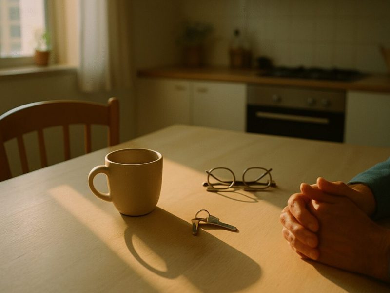 A quiet sunlit kitchen table in a Tel Aviv apartment on a weekday morning, a ceramic coffee cup beside a set of house keys, a pair of reading glasses and a folded pair of hands resting at the edge of the frame. Warm low-angle light through a window, muted beige and soft blue tones, long gentle shadows across pale wood. Clean editorial photography, shallow depth of field, calm and unstaged.