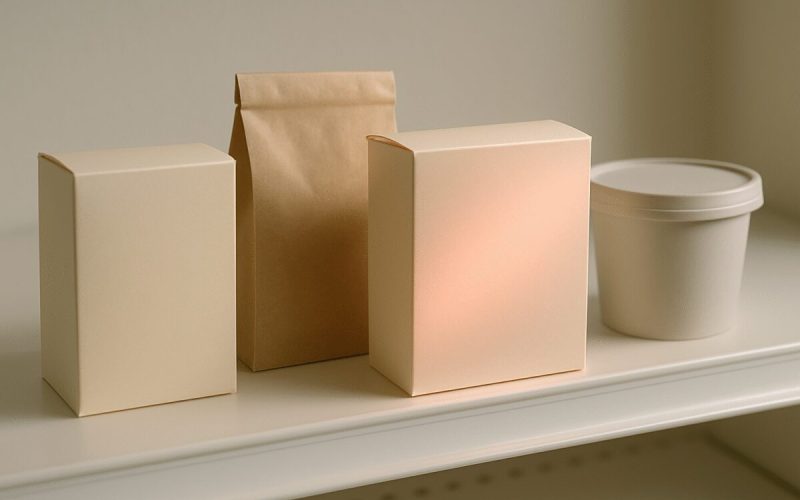 A close overhead shot of a supermarket shelf edge in soft daylight, a row of unbranded plain packaged food containers in muted cream, kraft and pale grey, one of them turned slightly forward and lit with a subtle warm red glow spilling across its surface. Shallow depth of field, clean neutral background, calm editorial product photography with soft shadows and a restrained color palette.