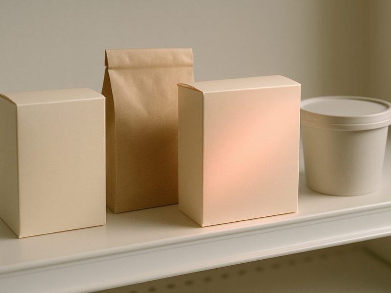 A close overhead shot of a supermarket shelf edge in soft daylight, a row of unbranded plain packaged food containers in muted cream, kraft and pale grey, one of them turned slightly forward and lit with a subtle warm red glow spilling across its surface. Shallow depth of field, clean neutral background, calm editorial product photography with soft shadows and a restrained color palette.