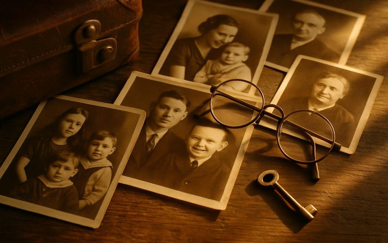 A close overhead view of an old wooden table covered with faded family photographs, a worn leather suitcase corner, a pair of reading glasses and a small brass key, arranged in soft overlapping layers. Warm late afternoon window light rakes across the surface, casting gentle shadows. Muted sepia and amber tones against dark wood. Editorial still life photography with shallow depth of field.