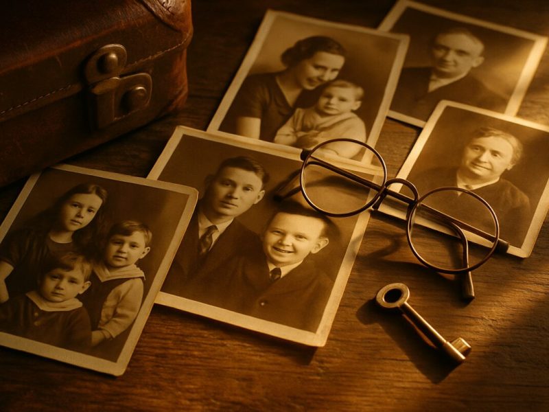A close overhead view of an old wooden table covered with faded family photographs, a worn leather suitcase corner, a pair of reading glasses and a small brass key, arranged in soft overlapping layers. Warm late afternoon window light rakes across the surface, casting gentle shadows. Muted sepia and amber tones against dark wood. Editorial still life photography with shallow depth of field.