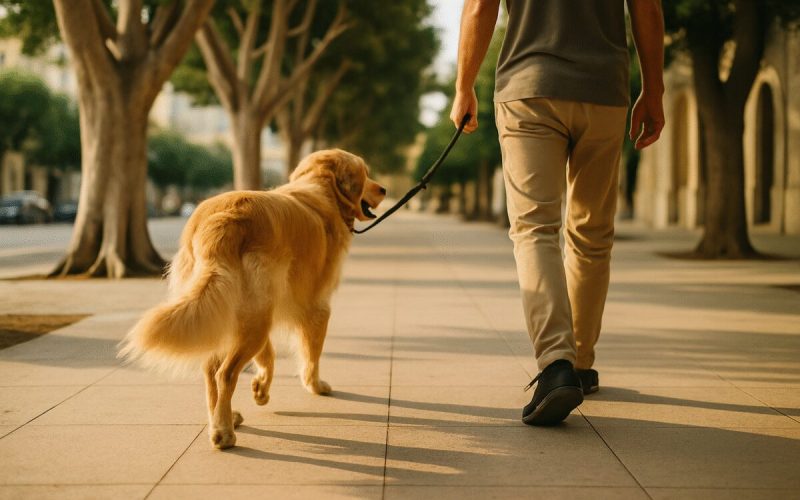 A golden retriever on a leash walking beside its owner along a wide urban sidewalk lined with mature ficus trees, shot from behind at low angle so only legs and the dog are in frame. Warm late afternoon Mediterranean light, long soft shadows across pale concrete, muted greens and sandy beige tones. Clean editorial street photography with shallow depth of field and a blurred city background.