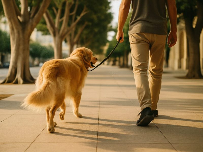 A golden retriever on a leash walking beside its owner along a wide urban sidewalk lined with mature ficus trees, shot from behind at low angle so only legs and the dog are in frame. Warm late afternoon Mediterranean light, long soft shadows across pale concrete, muted greens and sandy beige tones. Clean editorial street photography with shallow depth of field and a blurred city background.