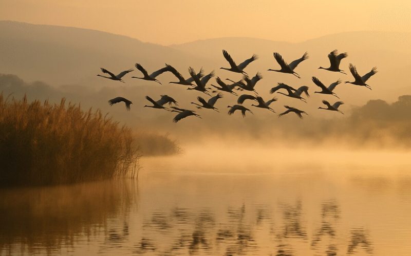 A wide view of a shallow wetland at first light in early autumn, a large flock of cranes lifting off above still reflective water, tall reeds along the near shore and low hills fading into haze behind. Warm low golden light with mist drifting across the surface, a muted palette of amber, olive and blue grey. Natural editorial wildlife photography shot on a long lens with shallow depth of field.