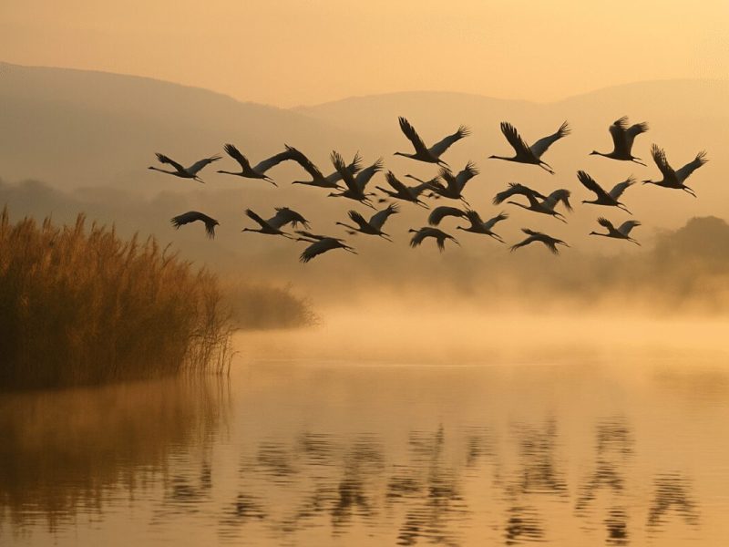 A wide view of a shallow wetland at first light in early autumn, a large flock of cranes lifting off above still reflective water, tall reeds along the near shore and low hills fading into haze behind. Warm low golden light with mist drifting across the surface, a muted palette of amber, olive and blue grey. Natural editorial wildlife photography shot on a long lens with shallow depth of field.