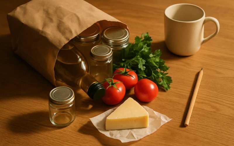 A close overhead shot of a warm oak kitchen table with a half unpacked paper grocery bag tipped on its side, groceries spilling gently out: a glass bottle of olive oil, a few plain glass jars, tomatoes, a bunch of parsley, a wedge of cheese in wax paper. A simple ceramic mug and a pencil rest beside them. Warm late morning window light from the left, soft long shadows, muted palette of oak brown, deep green and cream. Clean editorial food photography with shallow depth of field.