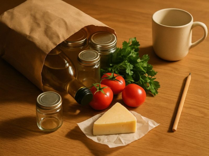 A close overhead shot of a warm oak kitchen table with a half unpacked paper grocery bag tipped on its side, groceries spilling gently out: a glass bottle of olive oil, a few plain glass jars, tomatoes, a bunch of parsley, a wedge of cheese in wax paper. A simple ceramic mug and a pencil rest beside them. Warm late morning window light from the left, soft long shadows, muted palette of oak brown, deep green and cream. Clean editorial food photography with shallow depth of field.