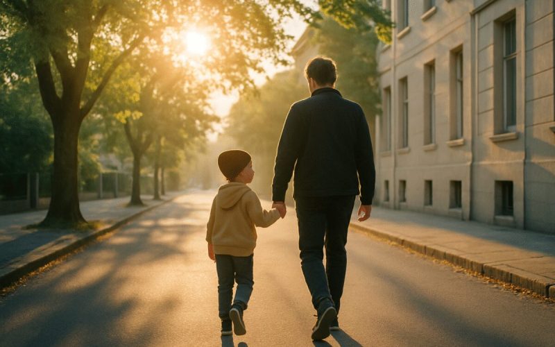 An early morning scene on a quiet residential street, a child and a parent walking together in soft golden sunrise light, long shadows stretching across the pavement, green trees and pale stone buildings in the background. Warm amber and soft blue tones, gentle low-angle sunlight flaring between branches. Clean editorial photography with shallow depth of field and a calm, unhurried mood.