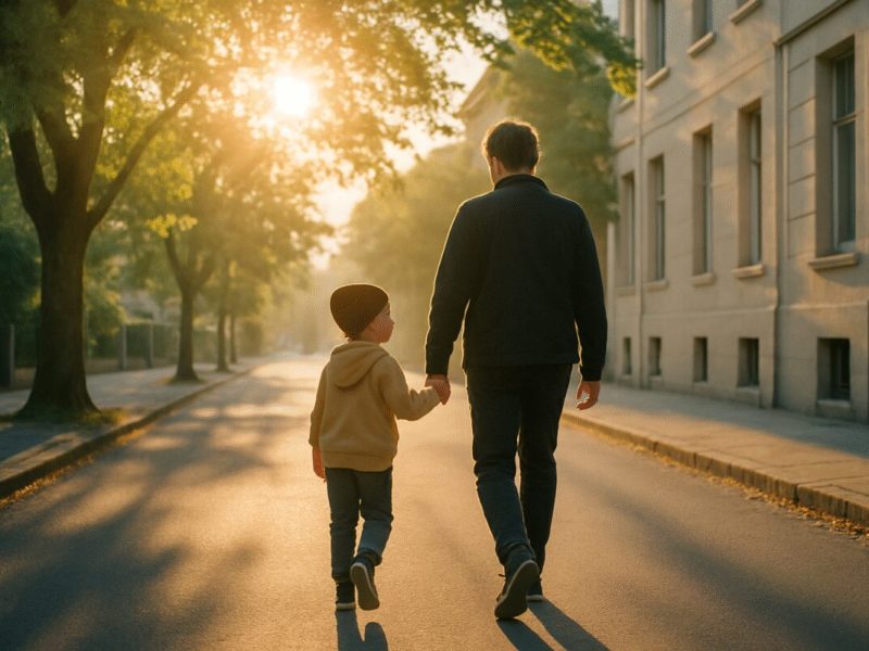 An early morning scene on a quiet residential street, a child and a parent walking together in soft golden sunrise light, long shadows stretching across the pavement, green trees and pale stone buildings in the background. Warm amber and soft blue tones, gentle low-angle sunlight flaring between branches. Clean editorial photography with shallow depth of field and a calm, unhurried mood.