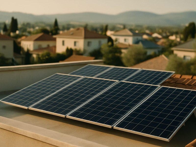 A residential rooftop in an Israeli suburb during late afternoon, neat rows of dark solar panels tilted above pale concrete and terracotta tiles, a low parapet wall running along the edge of the frame. Warm raking sunlight catches the panel surfaces and casts long soft shadows across the roof deck. Muted sand, slate blue and dusty green tones, hills blurred in the far distance. Clean editorial photography, shallow depth of field, calm and unstaged.