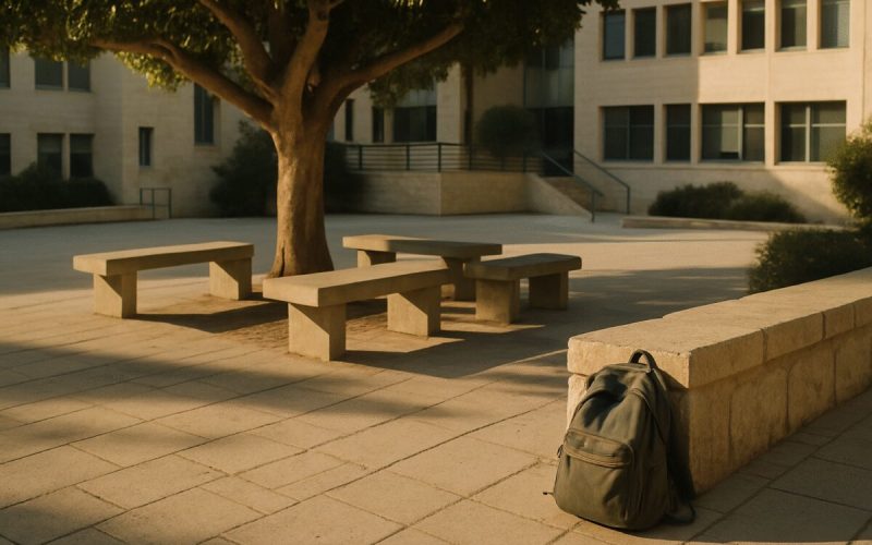 A late afternoon university campus courtyard in Israel, empty concrete benches arranged under a mature ficus tree, a worn canvas backpack resting against a low Jerusalem stone wall. Warm low side light rakes across pale paving stones and casts long soft shadows, muted olive, sand and dusty blue tones. Clean editorial photography, shallow depth of field, calm and unstaged, no people in frame.