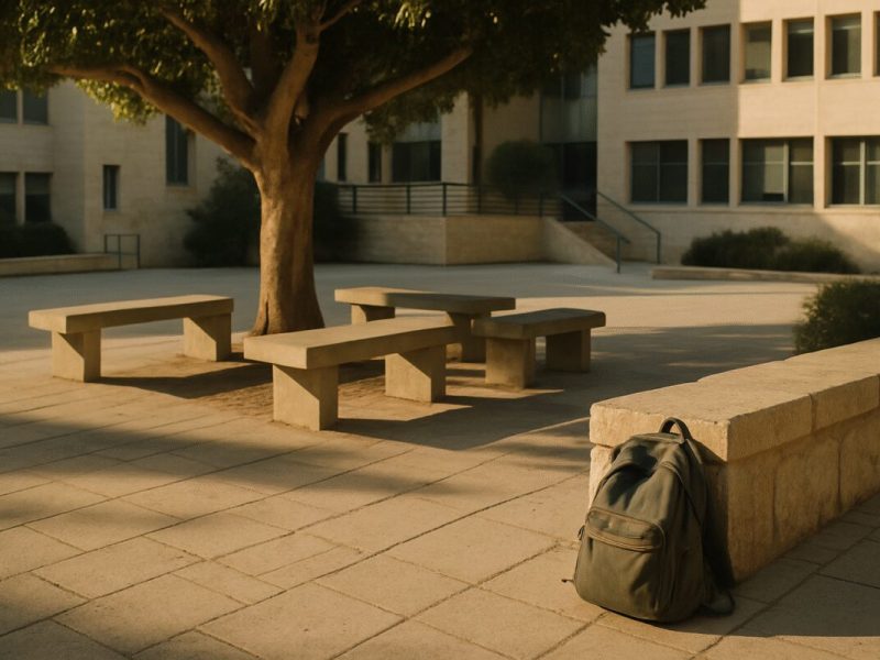 A late afternoon university campus courtyard in Israel, empty concrete benches arranged under a mature ficus tree, a worn canvas backpack resting against a low Jerusalem stone wall. Warm low side light rakes across pale paving stones and casts long soft shadows, muted olive, sand and dusty blue tones. Clean editorial photography, shallow depth of field, calm and unstaged, no people in frame.