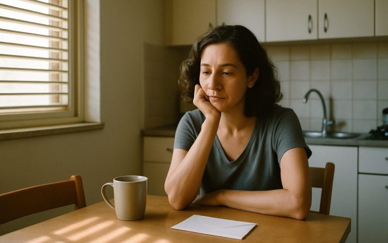 A calm weekday morning in an Israeli apartment kitchen, a woman in her forties seated at a small wooden table with her chin resting on one hand, a ceramic mug and a plain white envelope turned face down beside her. Soft daylight falls through a shuttered window, casting long gentle shadows across the table. Muted sand, warm grey and pale blue tones, shallow depth of field. Clean editorial photography, natural light, quiet and unstaged.