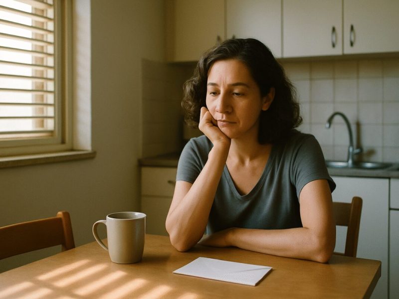 A calm weekday morning in an Israeli apartment kitchen, a woman in her forties seated at a small wooden table with her chin resting on one hand, a ceramic mug and a plain white envelope turned face down beside her. Soft daylight falls through a shuttered window, casting long gentle shadows across the table. Muted sand, warm grey and pale blue tones, shallow depth of field. Clean editorial photography, natural light, quiet and unstaged.