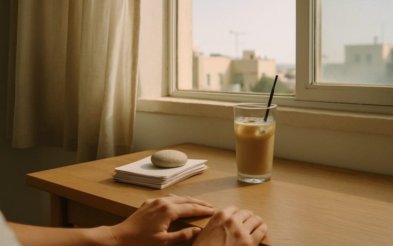 A small home workspace in an Israeli apartment on a late summer morning, a wooden desk beside a window with a stack of plain paper receipts held under a smooth stone, a cooling glass of iced coffee and a pair of hands resting still at the edge of the desk. Soft natural light from the left, muted sand and pale blue tones, a linen curtain moving slightly. Clean editorial photography, shallow depth of field, quiet and unstaged.