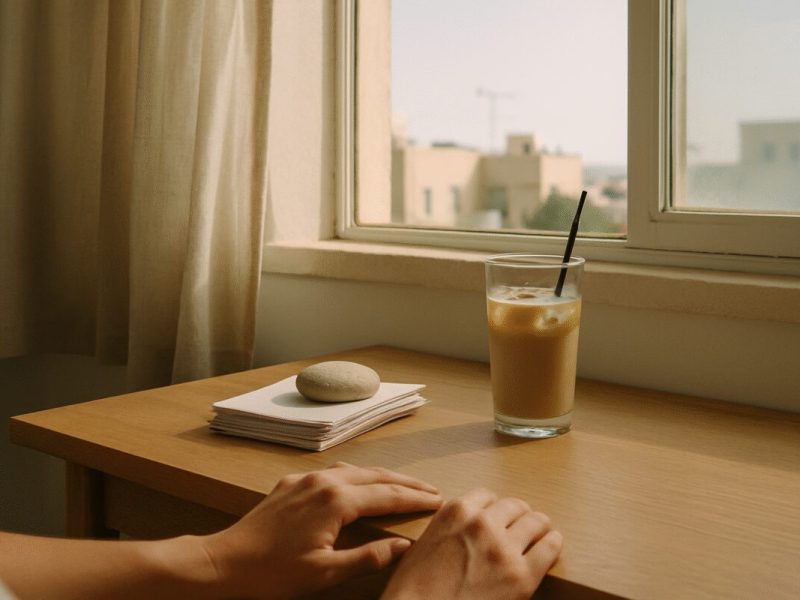 A small home workspace in an Israeli apartment on a late summer morning, a wooden desk beside a window with a stack of plain paper receipts held under a smooth stone, a cooling glass of iced coffee and a pair of hands resting still at the edge of the desk. Soft natural light from the left, muted sand and pale blue tones, a linen curtain moving slightly. Clean editorial photography, shallow depth of field, quiet and unstaged.