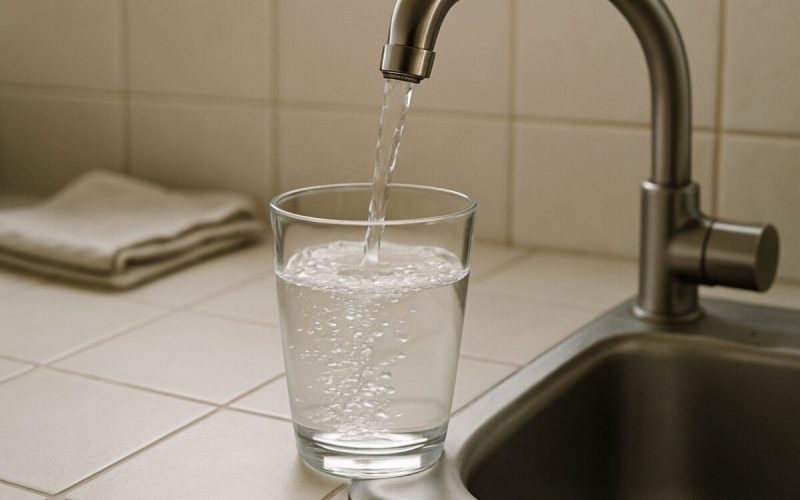 A close view of clear water filling a plain drinking glass from a domestic kitchen tap, water surface catching soft daylight from a nearby window. Pale tiled counter, a stainless sink edge, a folded dish towel just out of focus in the background. Israeli apartment kitchen, muted greys and warm off white tones. Clean editorial photography, natural light, shallow depth of field, calm and unstaged.
