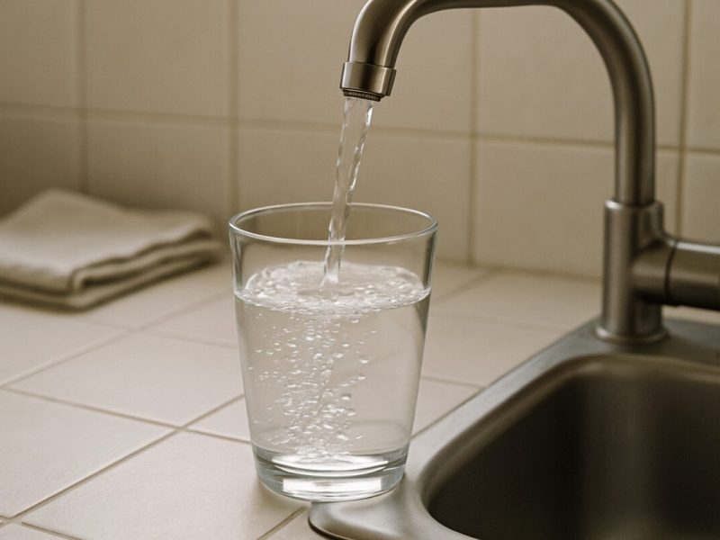 A close view of clear water filling a plain drinking glass from a domestic kitchen tap, water surface catching soft daylight from a nearby window. Pale tiled counter, a stainless sink edge, a folded dish towel just out of focus in the background. Israeli apartment kitchen, muted greys and warm off white tones. Clean editorial photography, natural light, shallow depth of field, calm and unstaged.