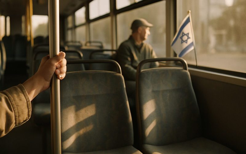 A commuter's hand resting on the metal grab rail inside a half empty Israeli city bus in the late afternoon, warm low sun falling in stripes across worn fabric seats. A second passenger sits further back near the window, out of focus, in muted olive and grey clothing. Soft dusty light, restrained palette of beige, steel blue and faded green, shallow depth of field. Clean editorial photography, quiet and unstaged.