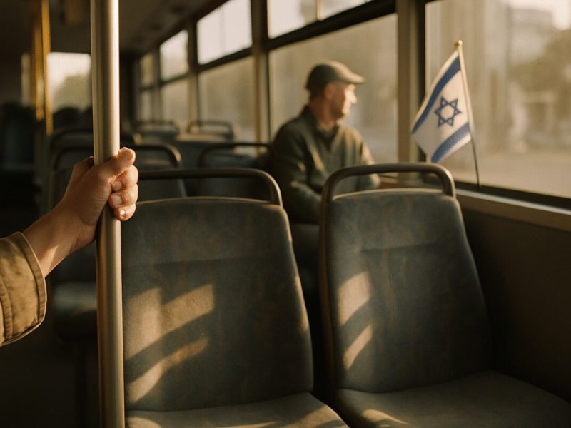 A commuter's hand resting on the metal grab rail inside a half empty Israeli city bus in the late afternoon, warm low sun falling in stripes across worn fabric seats. A second passenger sits further back near the window, out of focus, in muted olive and grey clothing. Soft dusty light, restrained palette of beige, steel blue and faded green, shallow depth of field. Clean editorial photography, quiet and unstaged.