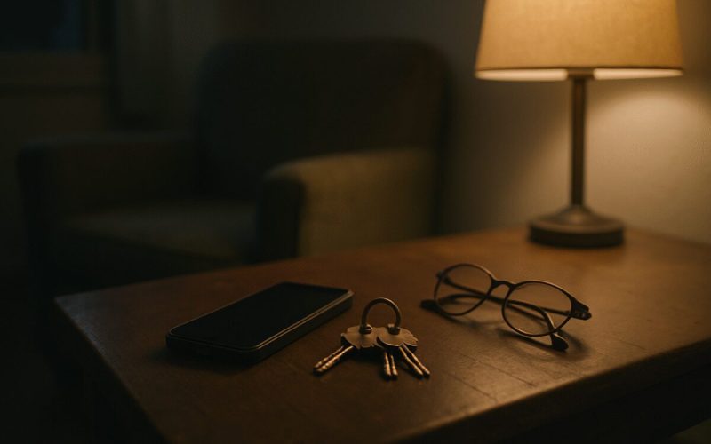 A dim living room in an Israeli apartment at dusk, an older smartphone face down on a worn wooden side table beside a ring of house keys and a folded pair of reading glasses. A single lamp casts warm light across the table edge while the rest of the room falls into soft shadow. Muted olive and grey tones, a faded armchair blurred in the background. Clean editorial photography, shallow depth of field, quiet and unstaged.