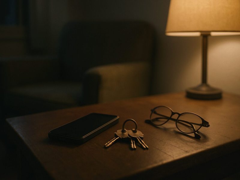 A dim living room in an Israeli apartment at dusk, an older smartphone face down on a worn wooden side table beside a ring of house keys and a folded pair of reading glasses. A single lamp casts warm light across the table edge while the rest of the room falls into soft shadow. Muted olive and grey tones, a faded armchair blurred in the background. Clean editorial photography, shallow depth of field, quiet and unstaged.